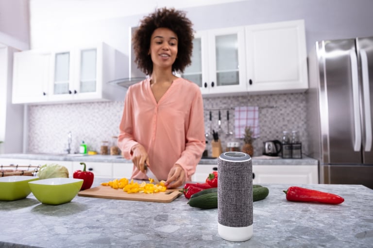 woman interacting with voice assistant